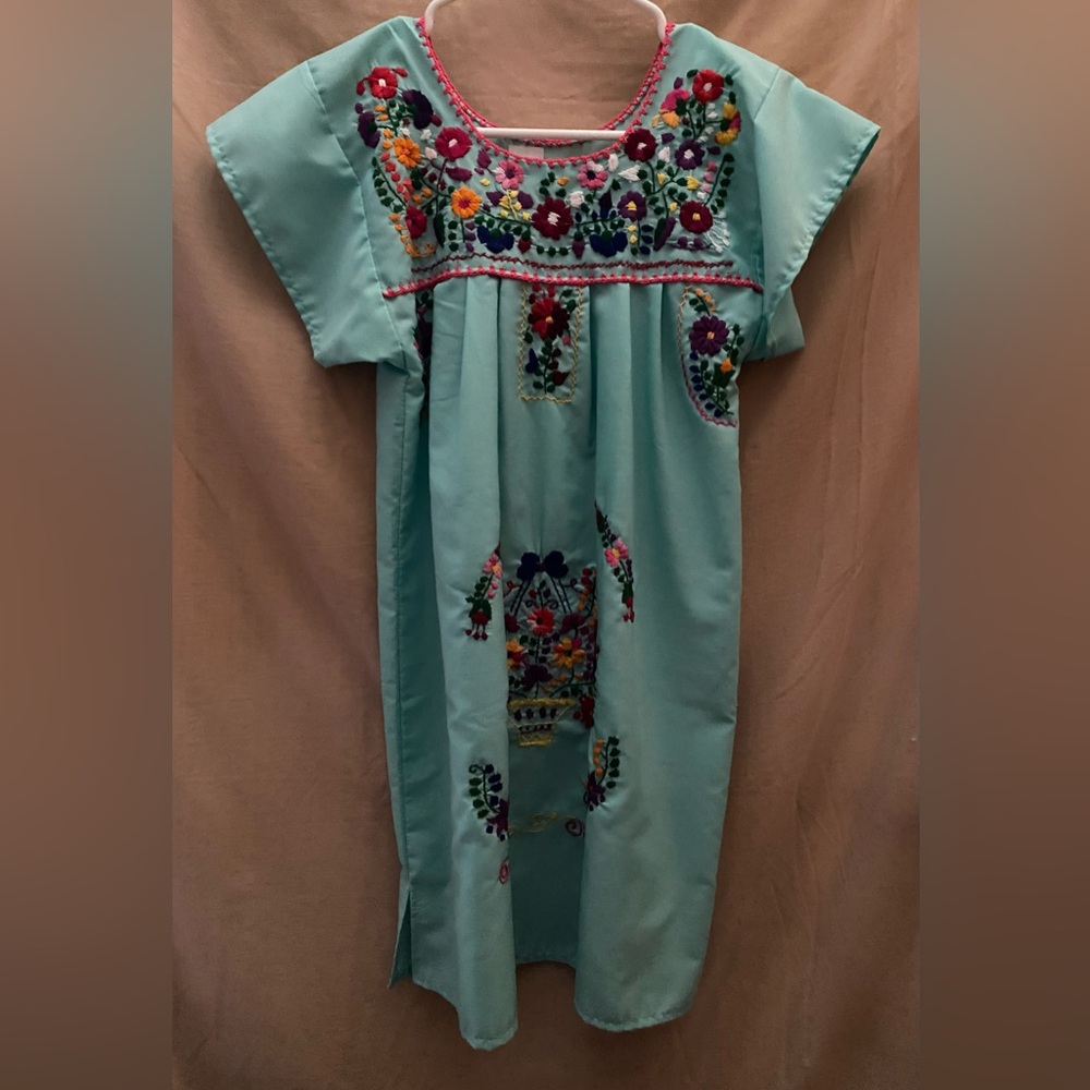 Embroidered Teal Dress with Floral Design